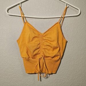 Cider Womens Ruched Drawstring Knit Cami Crop Top Orange Ribbed Fairy Festival S